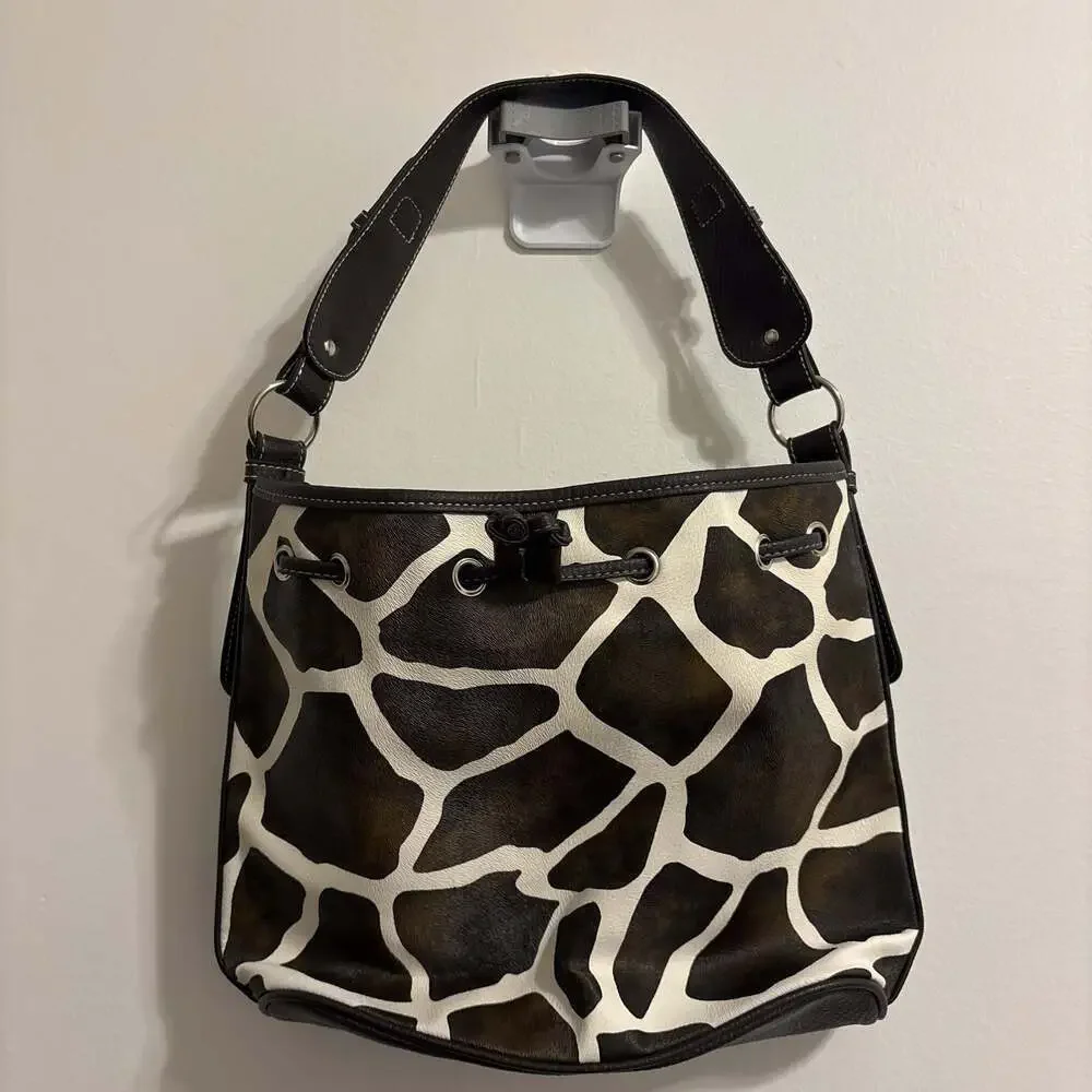 Attention Womens Black and White Faux Leather Shoulder Bag w Brown Accent Large